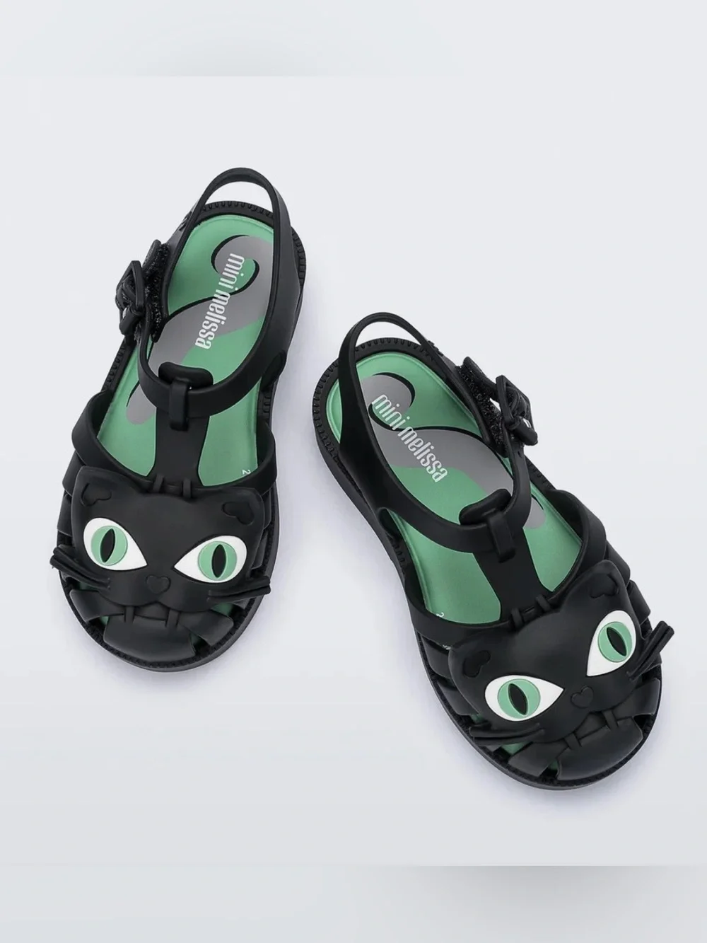 Mini Melissa Black Cat Jelly Sandals with Green Insole